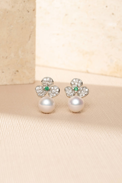 Floral Leaf Green Zirconia Pearl Earrings - Natural Beauty